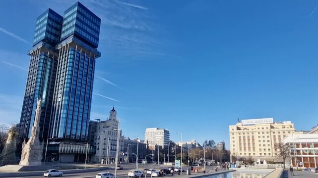 Madrid, spain - 31 december 2025 - colon towers and square in madrid, spain