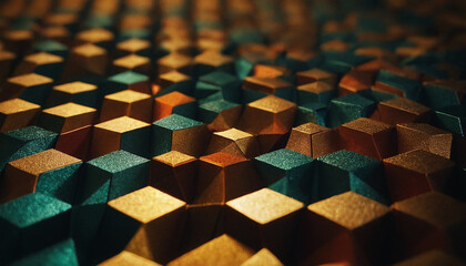 3D geometric landscape of faceted cubes and prisms in metallic hues