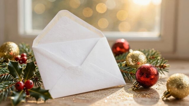 Open envelope with Christmas decorations near window