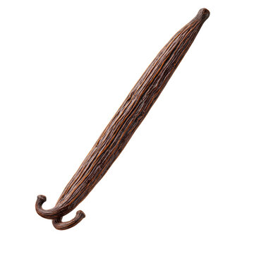 A single madagascar bourbon vanilla bean pod with crystalline vanillin frosting floating on a transparent seamless background. Concept for gourmet advertising