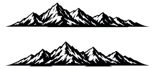 Graphic mountain range set featuring sharp peaks and valleys for landscape and adventure branding