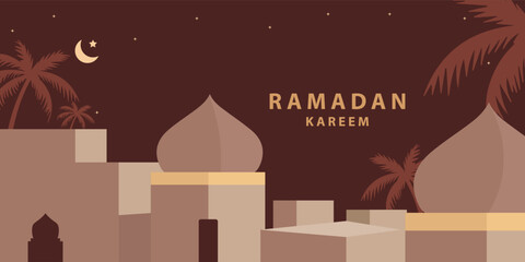 Ramadan Kareem window and mosque backgrounds. Eid mubarak or Modern Islamic greeting cards, Poster and social media banner template with geometric pattern overlay effect in trendy warming brown colors