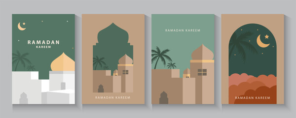 Ramadan Kareem window and mosque backgrounds. Eid mubarak or Modern Islamic greeting cards, Poster and social media banner template with geometric pattern overlay effect in trendy warming brown colors