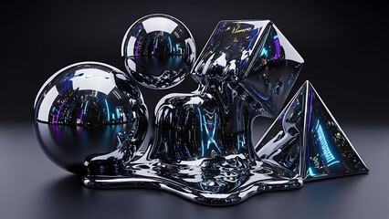 Reflective liquid metal shapes with neon highlights on a black background
