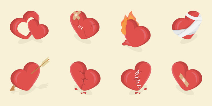 Heart icons set. Loving heart, heart with an arrow, broken heart, burning with fire, heartbreak with bandage, plaster, cracks. 3D flat isometric vector illustration.