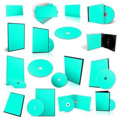 Abstract cyan DVD disks and boxes on white background.