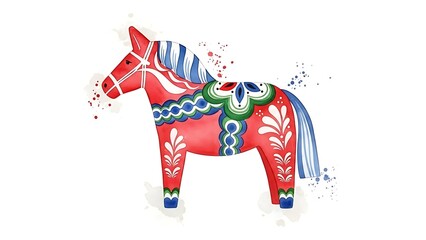 Watercolor illustration of a traditional red swedish dala horse on a white background