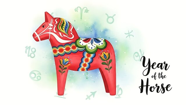Red dala horse representing the year of the horse in a zodiac and folklore theme.