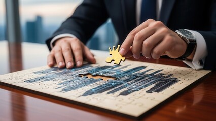 Closeup Businessman Hand placing last piece of puzzle, representing business solution, strategic completion, merger and acquisition success, and problem-solving skills