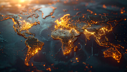 Global Network of Light: A stunning visual representation of the world map is illuminated with intricate light.