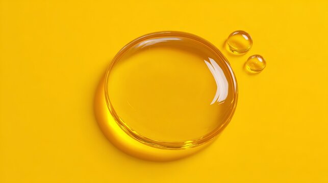 A large drop of golden liquid on a bright yellow background with two smaller drops