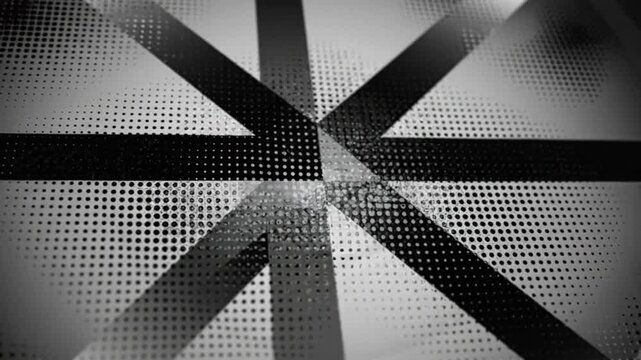 Abstract black and white geometric pattern with overlapping lines and halftone texture background