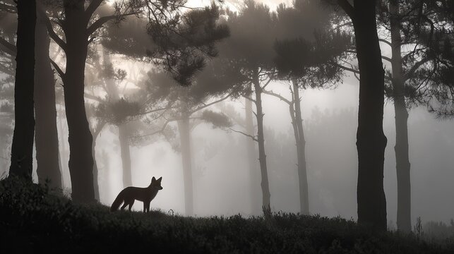 A fox stands in a misty forest surrounded by tall trees and underbrush at dawn or dusk.