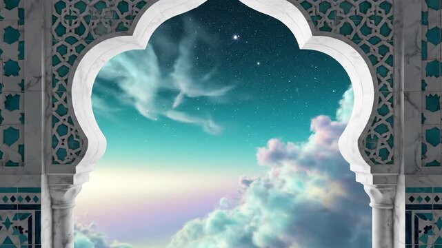 A dreamy, digitally illustrated turquoise sky is framed by an ornate islamic arch pattern for eid mubarak.