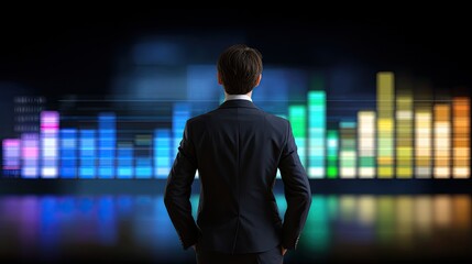 Businessman Analyzing Market Trends with Digital Graphs in Background Showing Growth and Performance Metrics