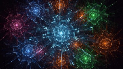 Vibrant Abstract Visualization of Multicolored Digital Virus Particles and Dynamic Network