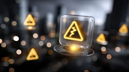 Futuristic Warning Symbol with Electric Hazard Icon in a Cityscape Environment at Night