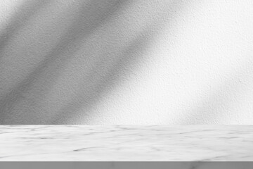Marble table with tree shadow drop on white wall background for mockup product display