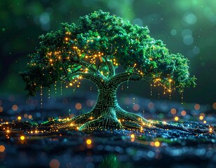 Glowing digital tree in forest with bokeh