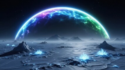 Abstract landscape with glowing energy sphere over mountains