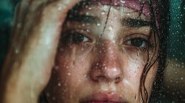 A close-up portrait of a woman looking worried and stressed while standing in the rain.
