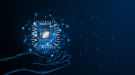 Abstract hand holding a microchip processor circuit board technology on dark blue background. Information Processing Concept. Circuit board hi-tech technology background. vector illustration