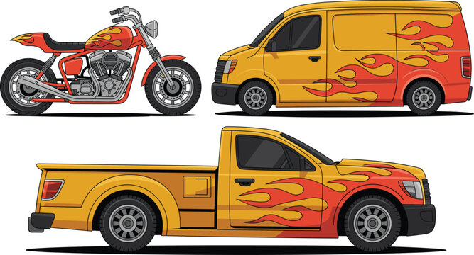 Detailed side view illustrations of a motorcycle, cargo van, and pickup truck featuring vibrant orange and yellow flame decals on yellow and orange paint.