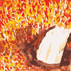 A vector image of a waterfall in an autumn forest. The original is a hand-painted watercolor painting.