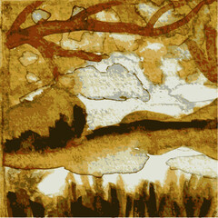 A vector image of a dreamy lake landscape with grasses in the foreground. The original is a hand-painted watercolor painting.