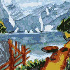 A vector image of a dreamy mountain view. The original is a hand-painted watercolor painting.