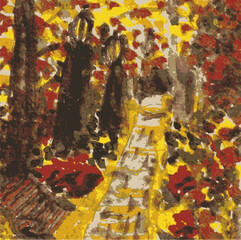 A vector image of an autumn path with lanterns. The original is a hand-painted watercolor painting.