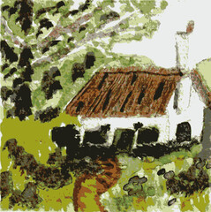 A vector image of a small cottage in a forest. The original is a hand-painted watercolor painting.