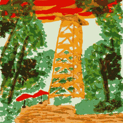 A vector image of the German Goethe Tower in the Frankfurt forest in a sunset. The original is a hand-painted watercolor painting.