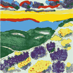 A vector of a flower meadow under a sunset. The original is a hand-painted watercolor painting.