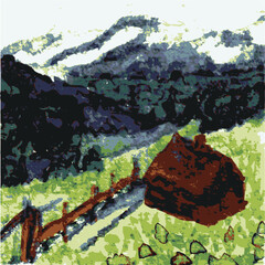 A vector image of a dreamy mountain view with a wooden hut. The original is a hand-painted watercolor painting.