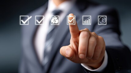 Fototapeta premium Businessman Selecting Checkboxes in a Modern Office for Task Management and Financial Planning