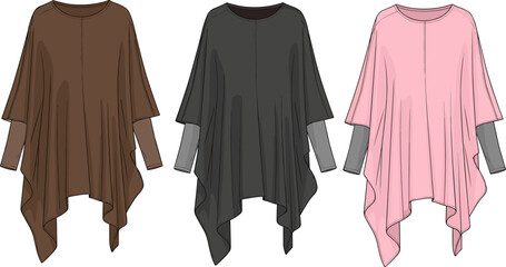 Loose fit poncho top, asymmetrical hem fashion, long sleeve layered style, casual women's wear, trendy outfit, brown black pink clothing design