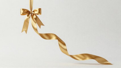 Golden satin ribbon bow hanging against light background