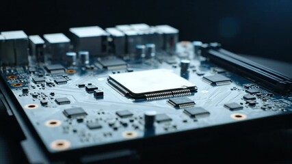 Close up view of a sophisticated computer motherboard with integrated electronic microchips and circuit board components - Powered by Adobe