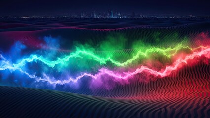 Vibrant Abstract Light Waves Over Night Cityscape with Dynamic Energy Display