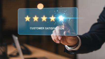 Closeup Businessman Hand selecting 5-star rating on virtual feedback interface, representing excellent customer satisfaction, service quality assurance, and positive user experience reviews