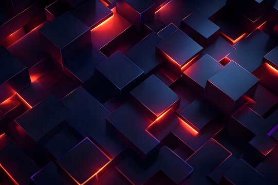 Dark Geometric Cubes with Red Glow - Powered by Adobe