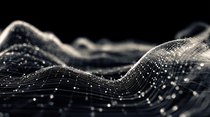 Abstract digital landscape with flowing lines and illuminated particles creating a wave-like effect on a dark background