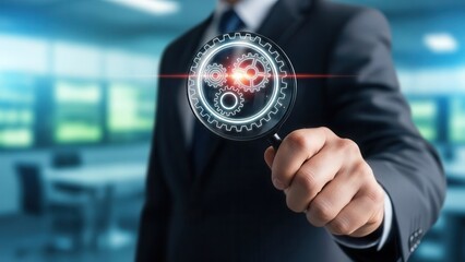 Quality assurance concept, Closeup Businessman Hand holding magnifying glass inspecting virtual product gear, representing defect detection, manufacturing standards, and process control