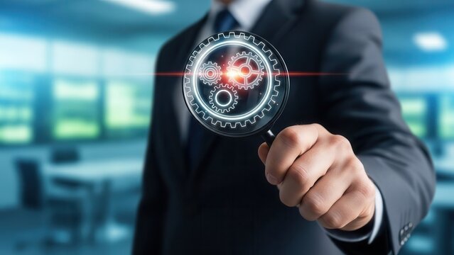 Quality assurance concept, Closeup Businessman Hand holding magnifying glass inspecting virtual product gear, representing defect detection, manufacturing standards, and process control