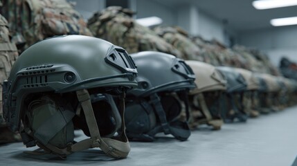 Military helmets arranged in a row on a table, showcasing various colors and designs, emphasizing protective gear for soldiers in tactical environments and operations