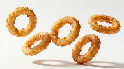 Crispy golden onion rings floating against white background