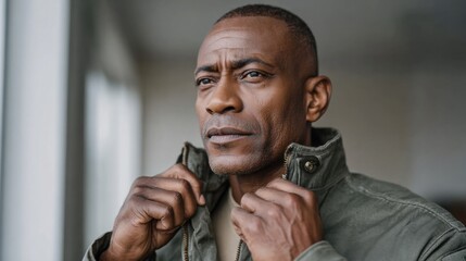 African American man in military jacket, adjusting collar, with serious expression, standing indoors, showcasing determination and strength in a military context
