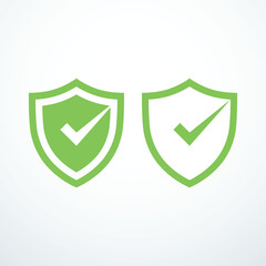 Green shield check mark icon set. Vector illustration