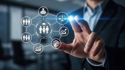 Fototapeta premium Closeup Businessman Hand interacting with virtual diversity icon, representing inclusive workplace, equal opportunity, human resources policy, and corporate culture